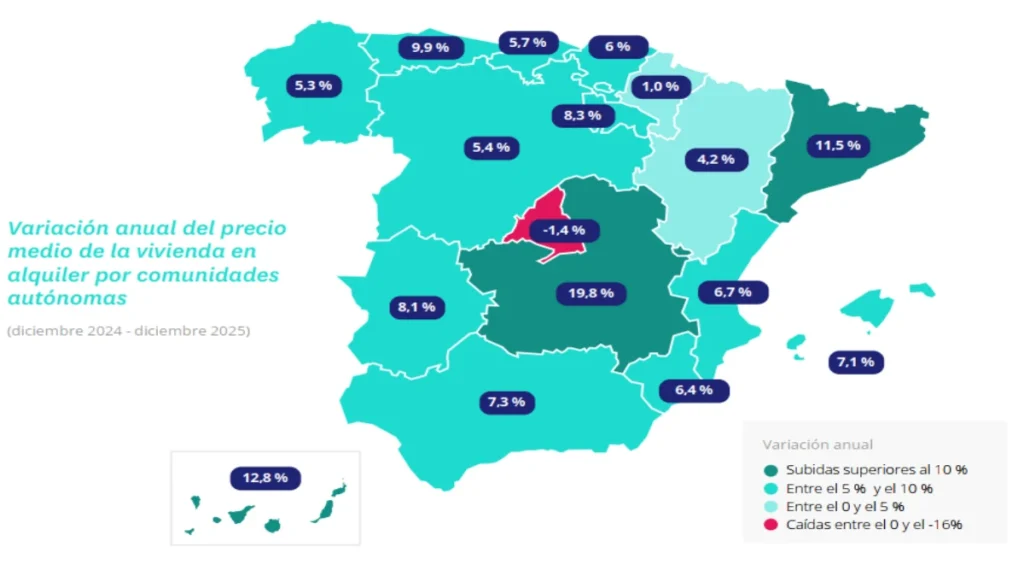 Mapa de la subida del alquiler en España