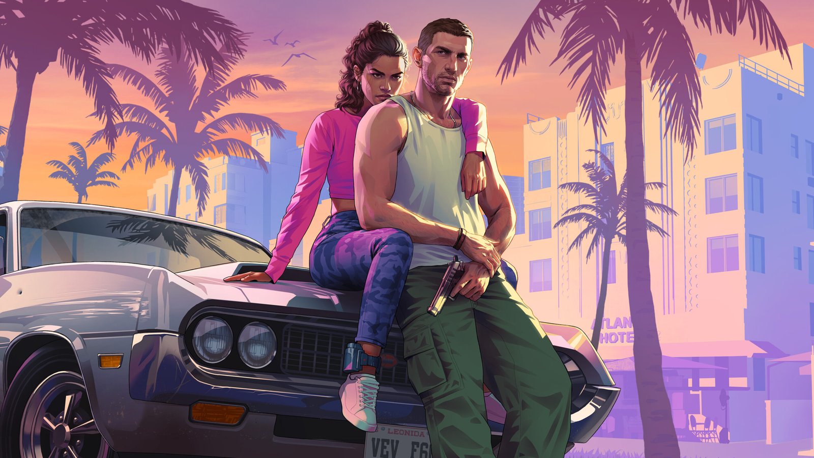 Ilustración oficial de Jason y Lucia en Vice City al atardecer