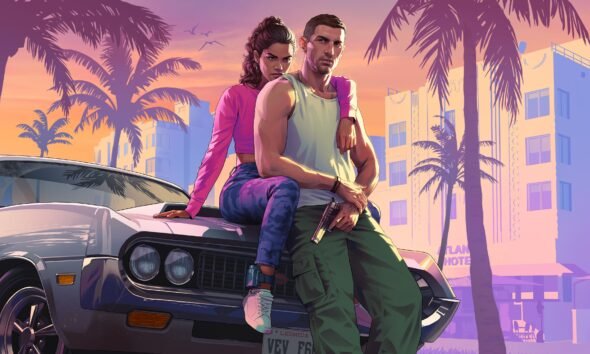 Jason y Lucia junto a un vehículo en Vice City, imagen oficial de GTA 6