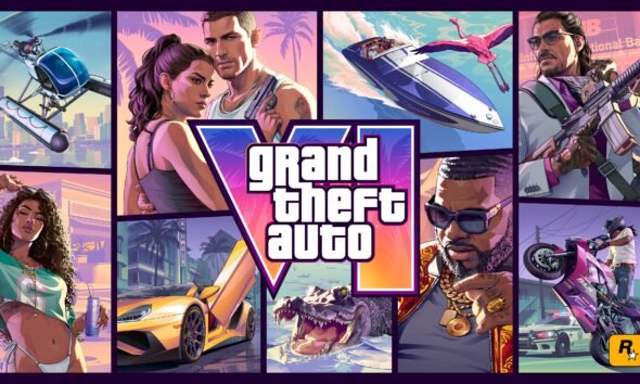 Arte oficial de Grand Theft Auto VI con personajes y escenarios de Leonida
