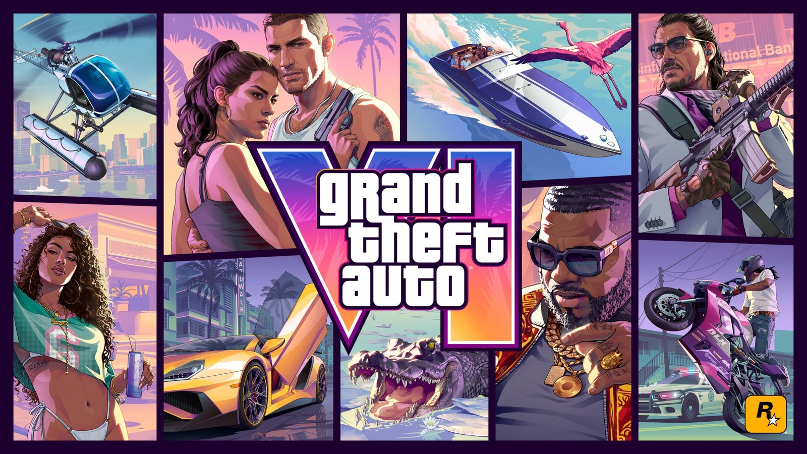 Arte oficial de Grand Theft Auto VI con personajes y escenarios de Leonida