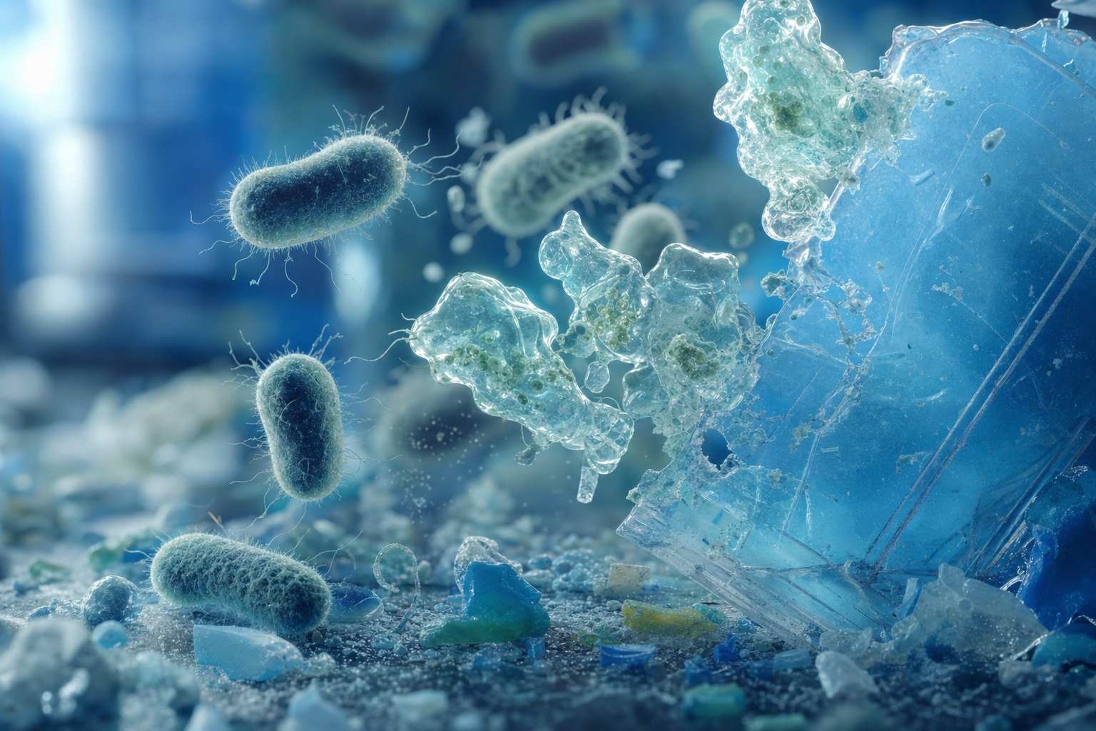 Detalle microscópico conceptual de bacterias y enzimas actuando sobre fragmentos de plástico