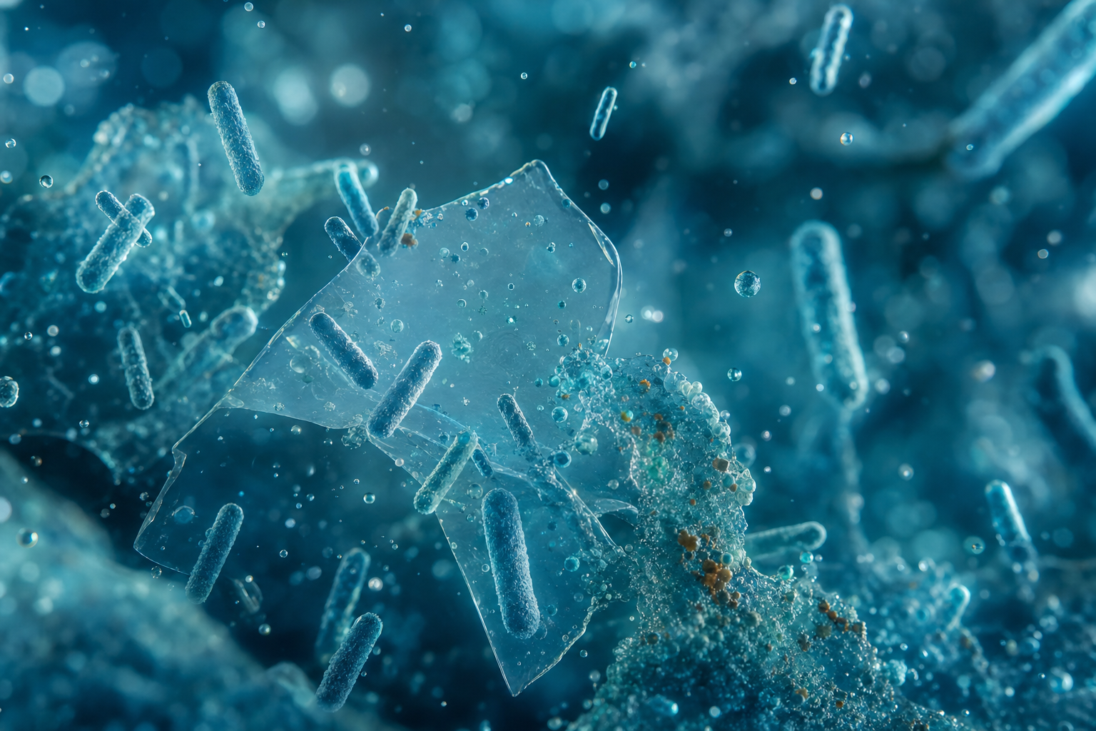 Detalle microscópico conceptual de bacterias y enzimas actuando sobre fragmentos de plástico