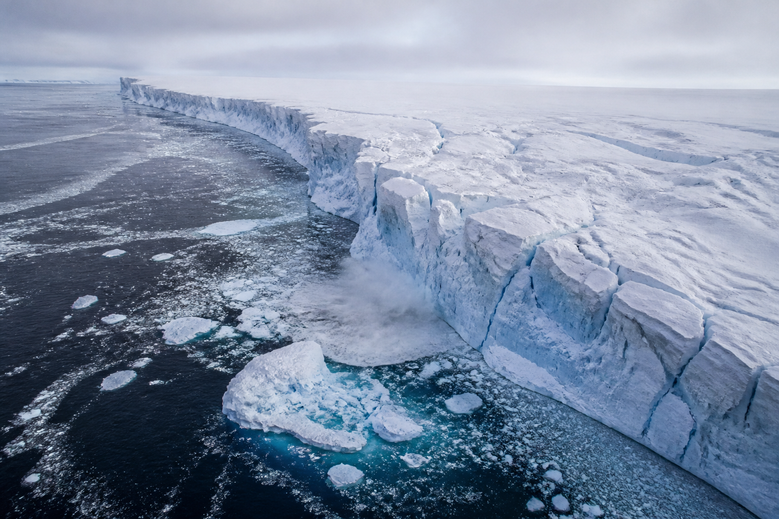 Vista aérea del glaciar Thwaites fracturado en la Antártida, con hielo desembocando en el océano Austral.