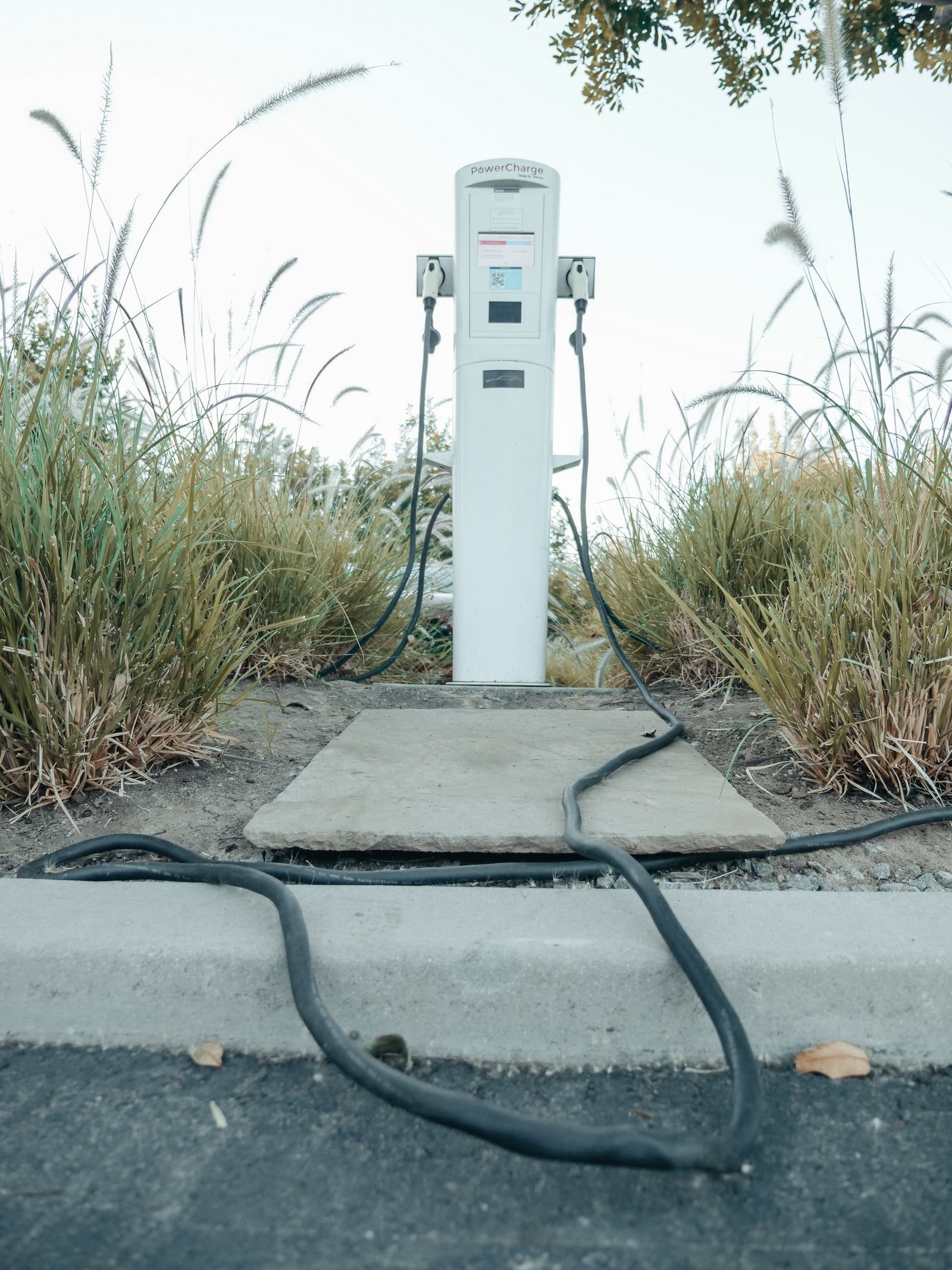 Infraestructura de carga para vehículos eléctricos en un entorno verde.